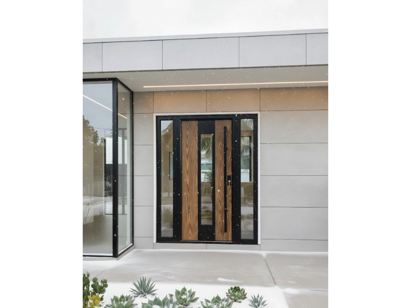 Dark wood grain lacquered composite door by VIKKING, perfect for European entrances in modern and classic homes